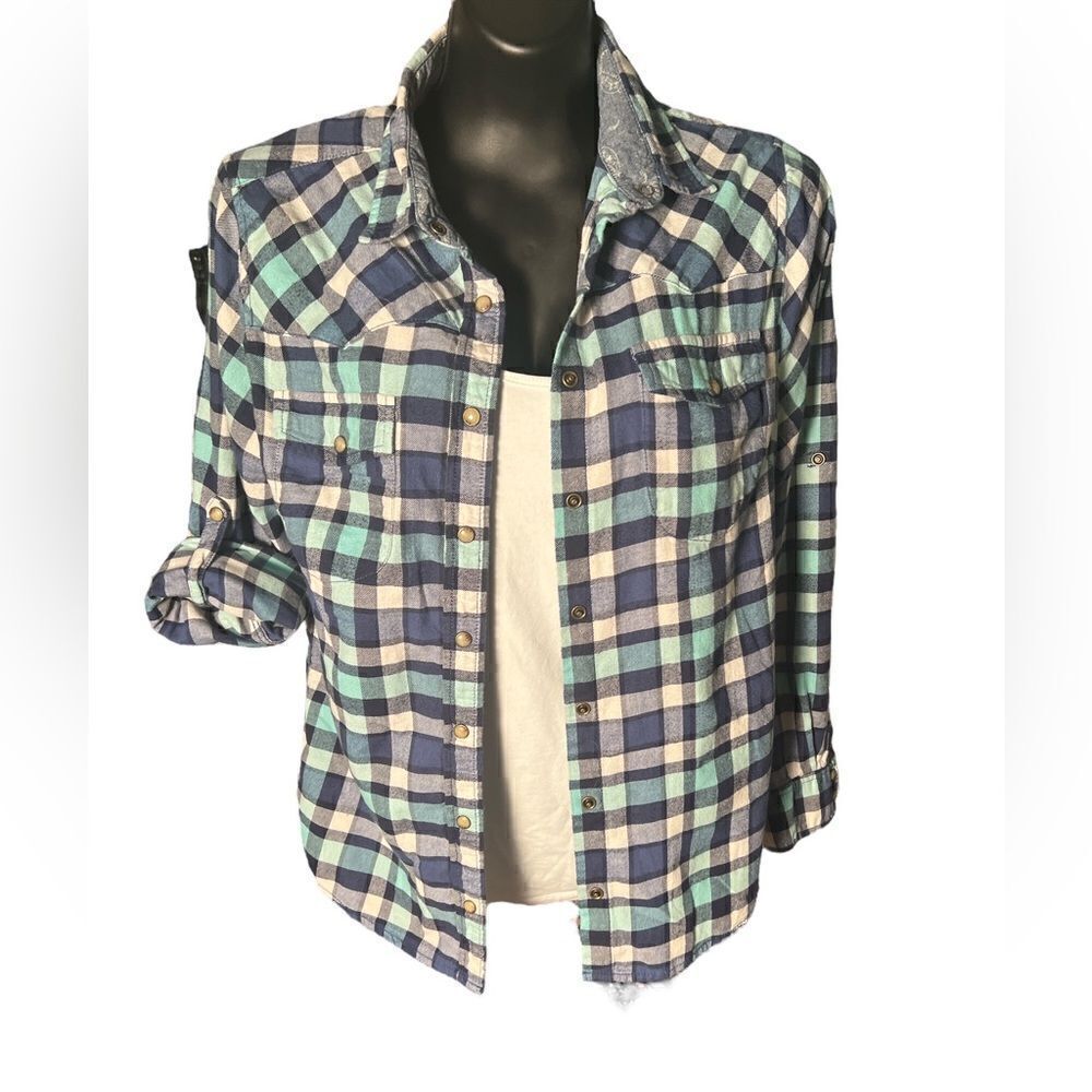 JACHS GIRLFRIEND BEA style flannel in turquoise dark blue and white SZ S
